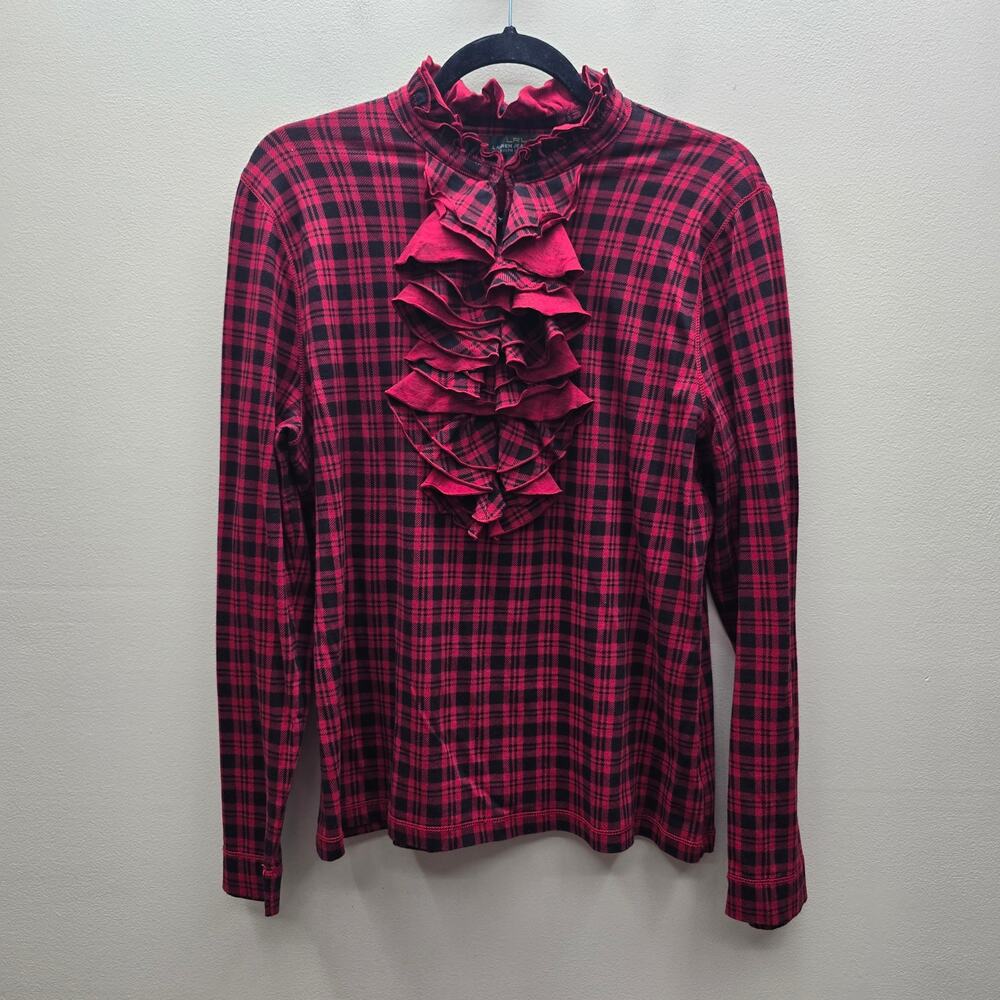 VTG Ralph Lauren Ruffle Front Blouse SZ XL Plaid Dark Academia Preppy Black Red